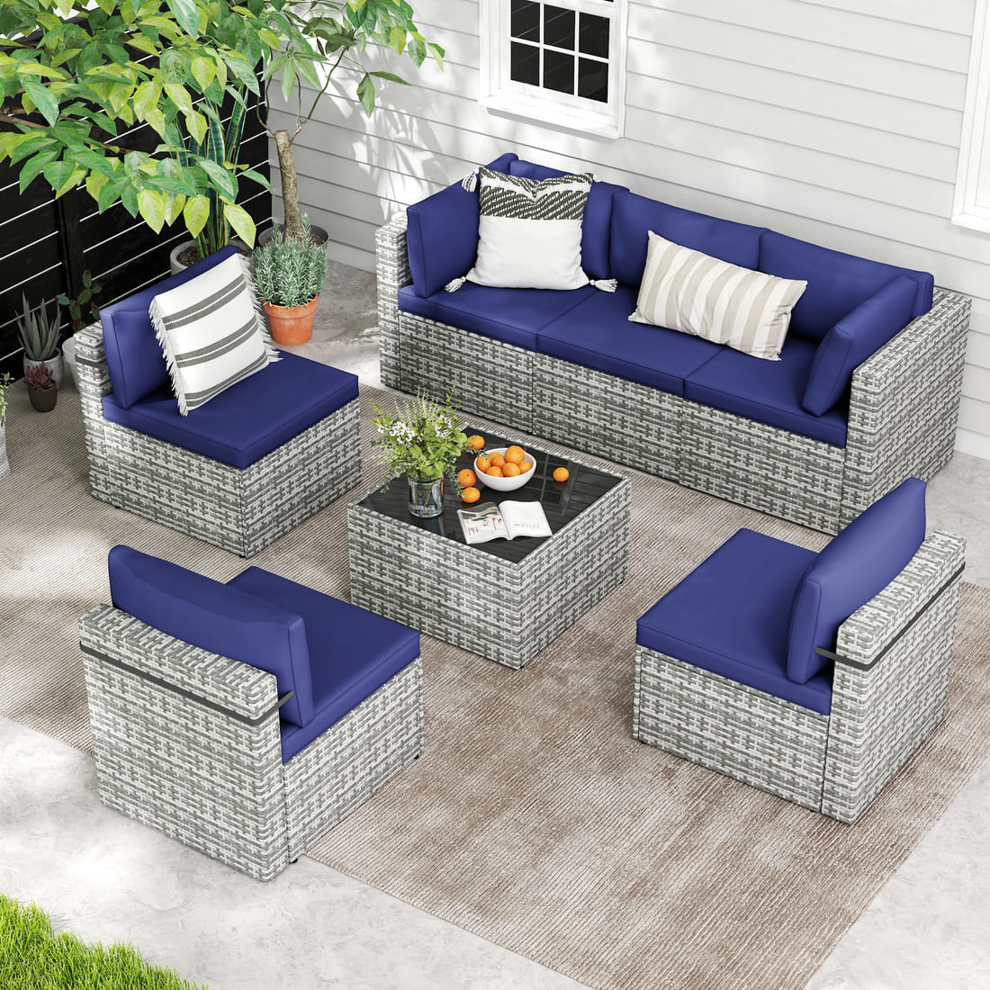 7-Piece Rattan Outdoor Sectional Sofa Set for Poolside, Backyard, Deck