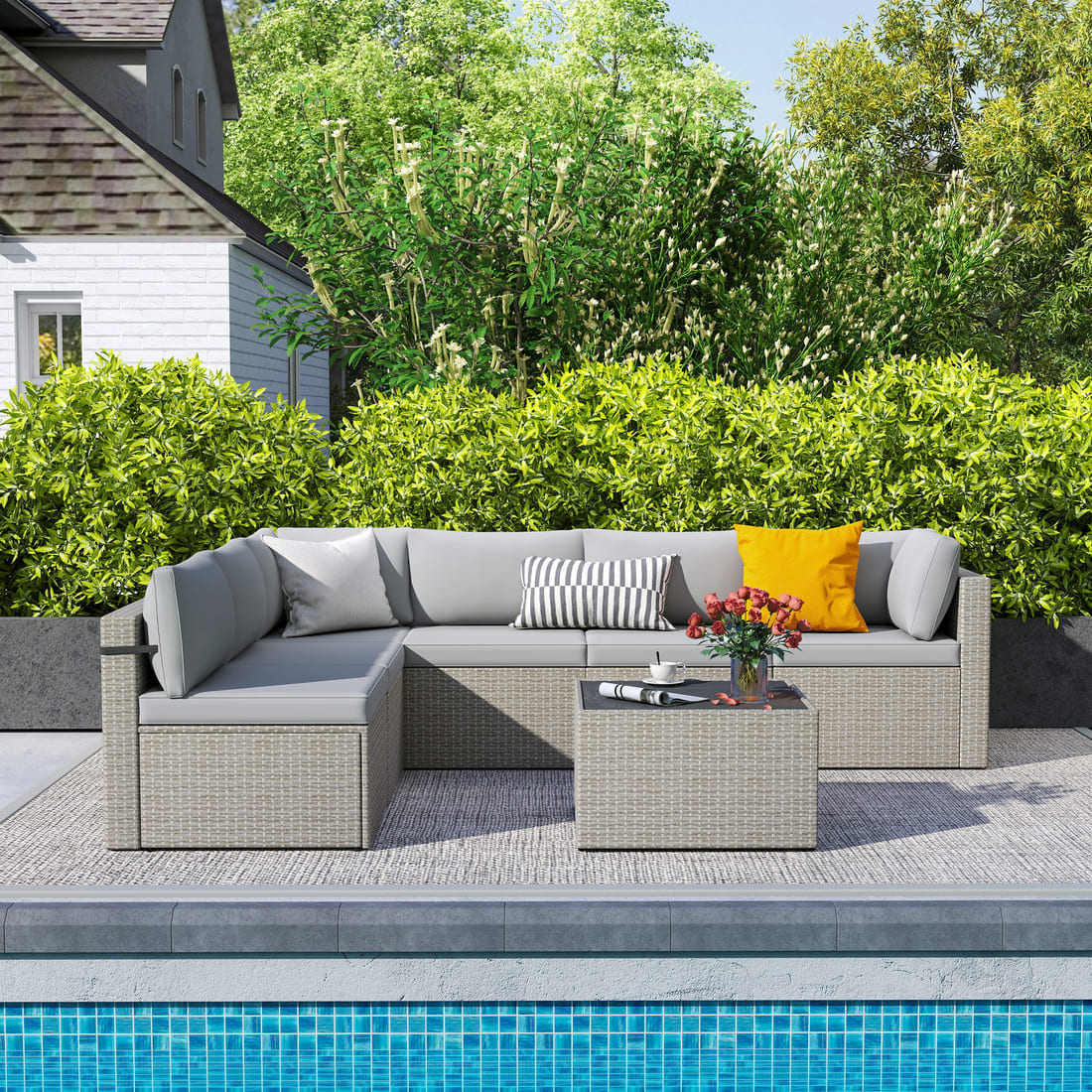 7-Piece Rattan Outdoor Sectional Sofa Set for Poolside, Backyard, Deck