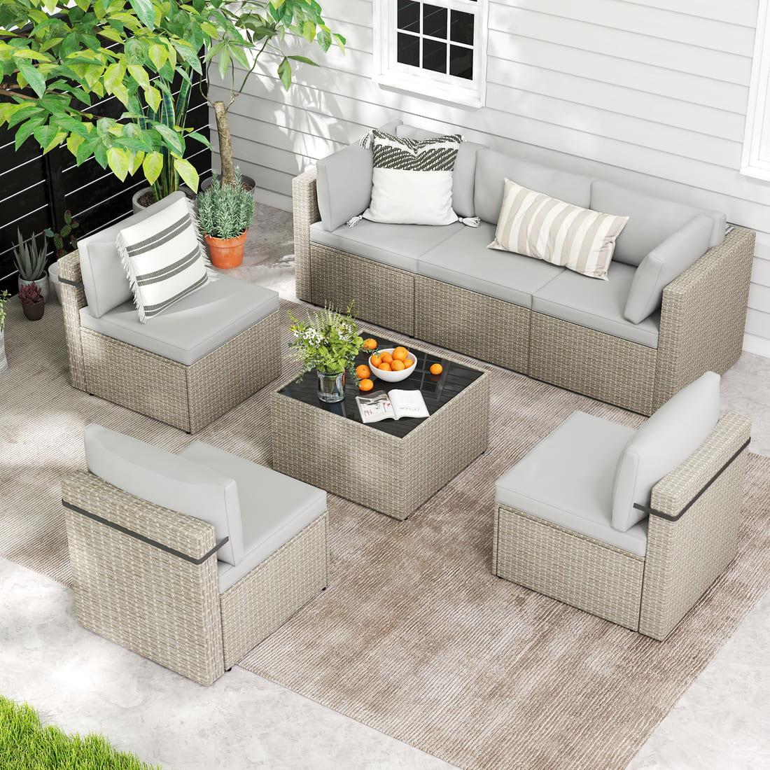 7-Piece Rattan Outdoor Sectional Sofa Set for Poolside, Backyard, Deck