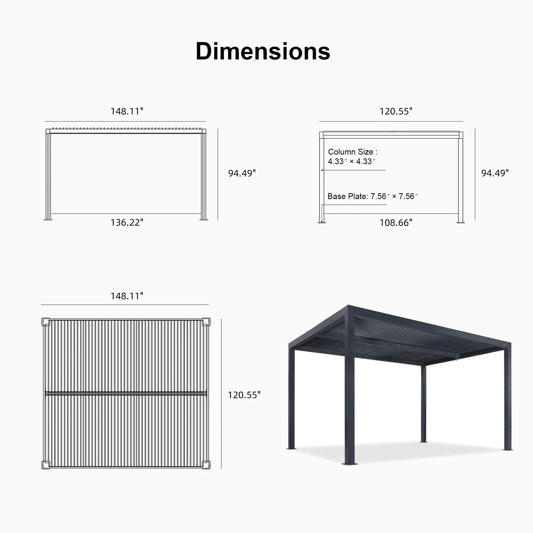 Grey Louvered Pergola Outdoor Aluminum Pergola with Adjustable Roof for Patio Grey Hardtop Gazebo