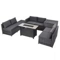 9-Pieces Patio Rattan Furniture Set Fire Pit Table Storage Grey with Cover Grey