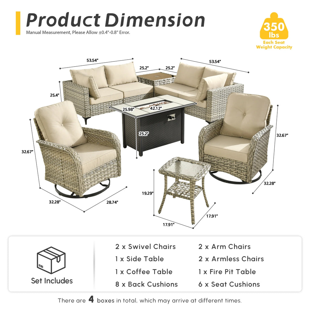 9 Pieces Patio Furniture Set All Weather Wicker Outdoor Conversation Set with 42" Fire Pit outside Furniture Patio Sofa with Swivel Chairs & Solar Table, Beige