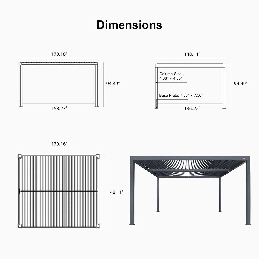 Grey Louvered Pergola Outdoor Aluminum Pergola with Adjustable Roof for Patio Grey Hardtop Gazebo