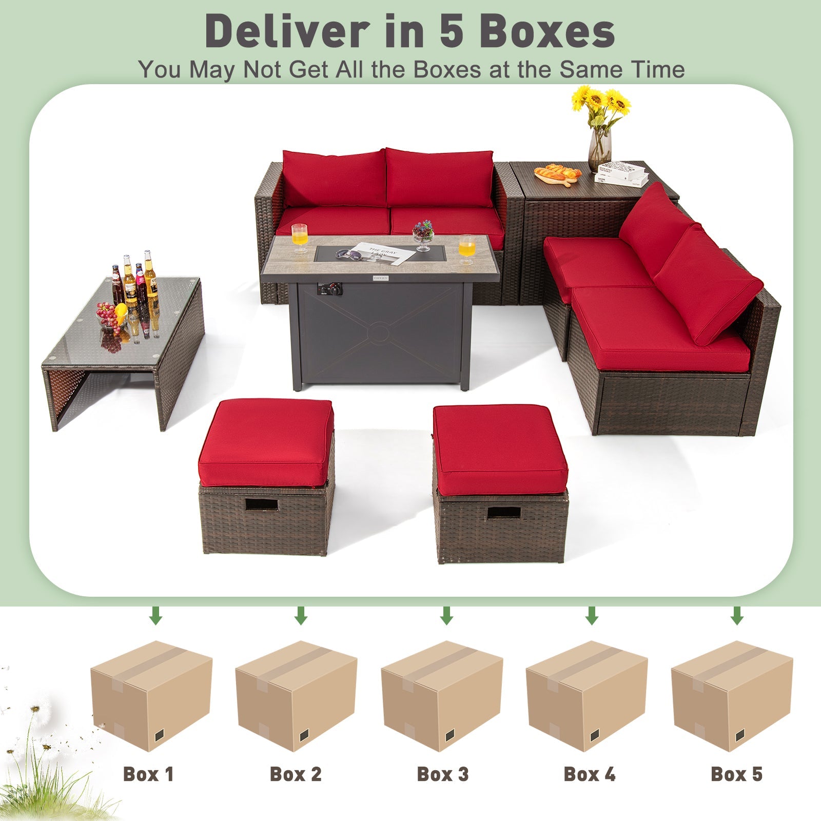 9 Pieces Outdoor Patio Furniture Set with 42 Inch Propane Fire Pit Table