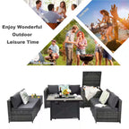 9-Pieces Patio Rattan Furniture Set Fire Pit Table Storage Grey with Cover Grey