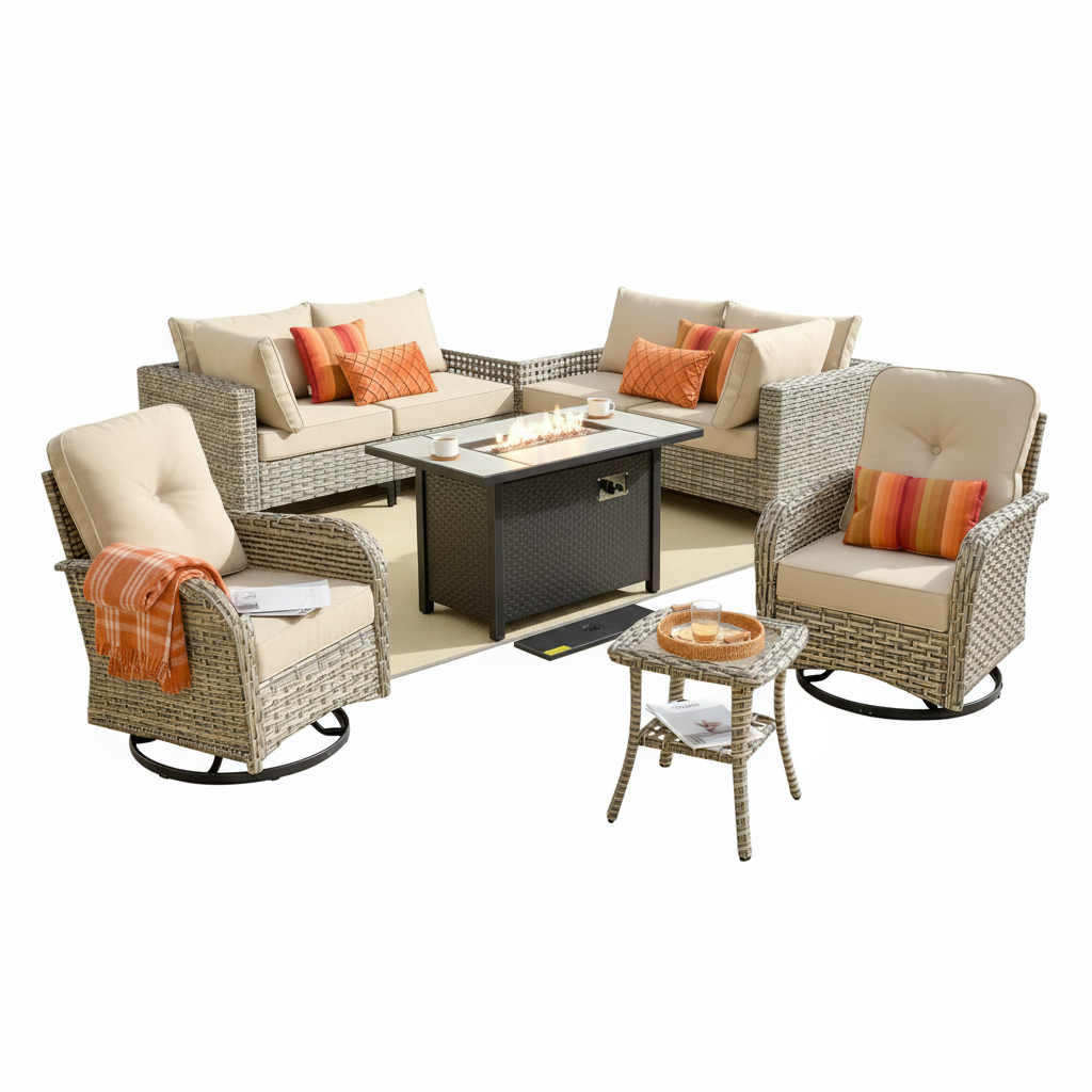 9 Pieces Patio Furniture Set All Weather Wicker Outdoor Conversation Set with 42" Fire Pit outside Furniture Patio Sofa with Swivel Chairs & Solar Table, Beige