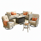 9 Pieces Patio Furniture Set All Weather Wicker Outdoor Conversation Set with 42" Fire Pit outside Furniture Patio Sofa with Swivel Chairs & Solar Table, Beige
