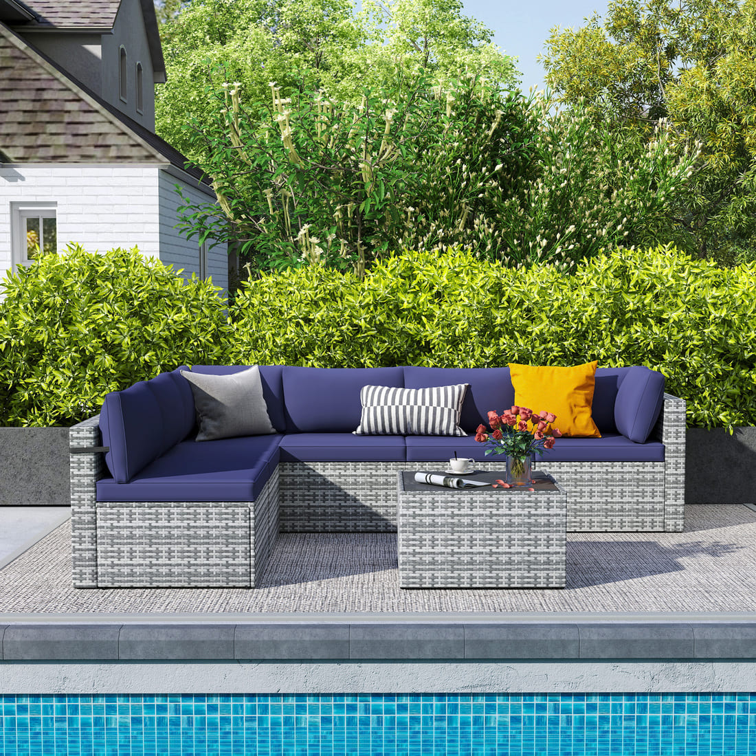 7-Piece Rattan Outdoor Sectional Sofa Set for Poolside, Backyard, Deck