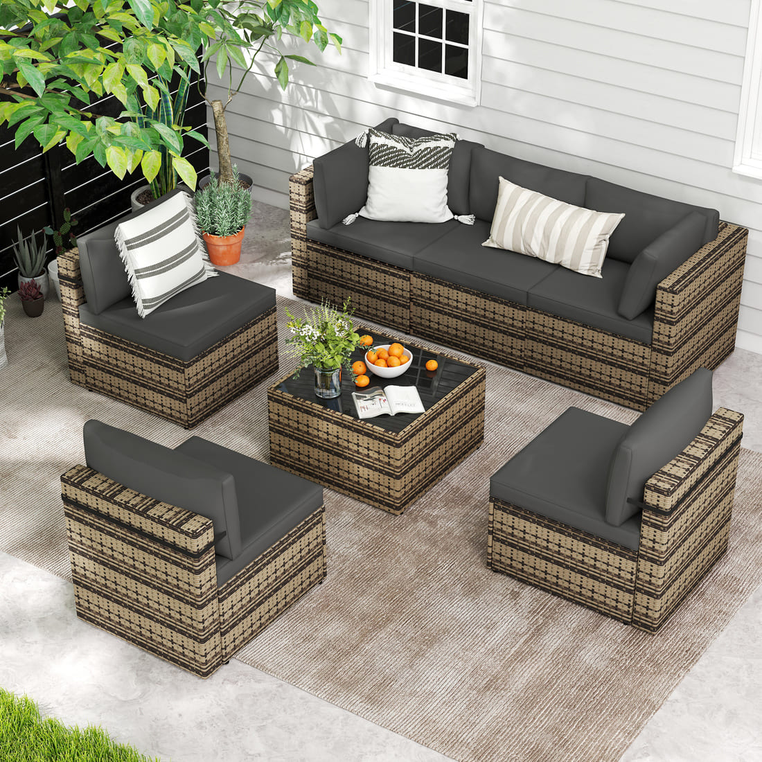 7-Piece Rattan Outdoor Sectional Sofa Set for Poolside, Backyard, Deck