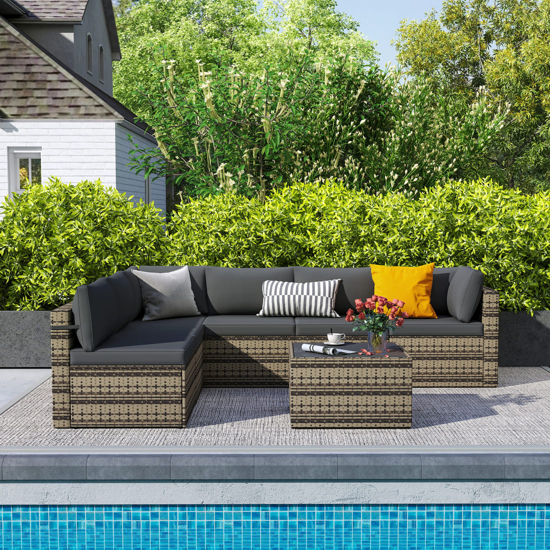 7-Piece Rattan Outdoor Sectional Sofa Set for Poolside, Backyard, Deck