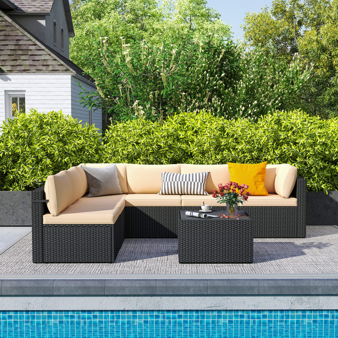 7-Piece Rattan Outdoor Sectional Sofa Set for Poolside, Backyard, Deck