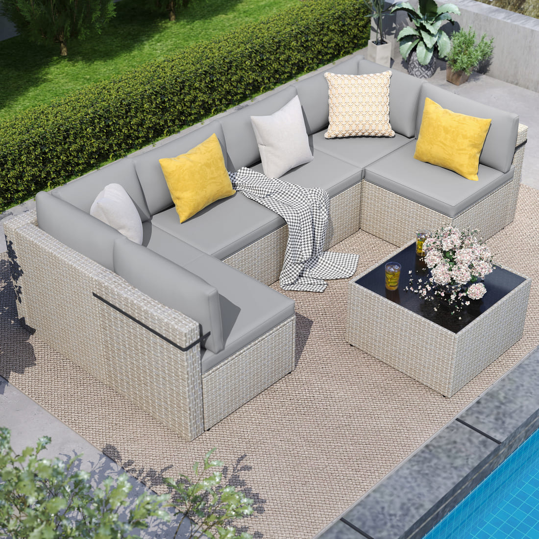 7-Piece Rattan Outdoor Sectional Sofa Set for Poolside, Backyard, Deck