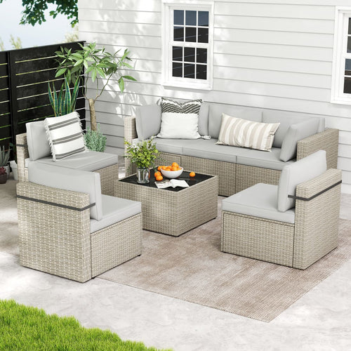 7-Piece Rattan Outdoor Sectional Sofa Set for Poolside, Backyard, Deck