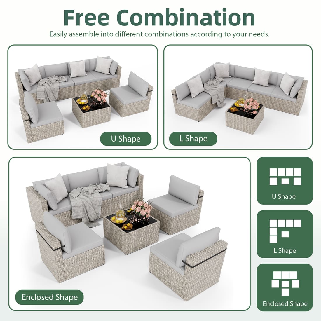 7-Piece Rattan Outdoor Sectional Sofa Set for Poolside, Backyard, Deck